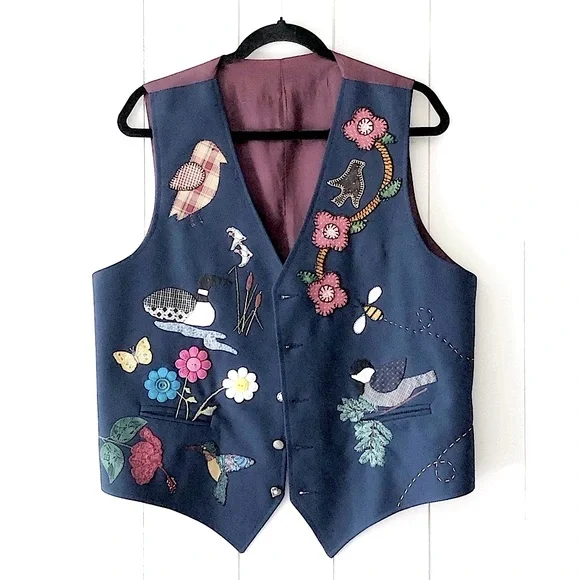 Vintage Handmade Funky Art Appliqué Embroidered Birds Flowers Unisex Vest - Picture 3 of 13